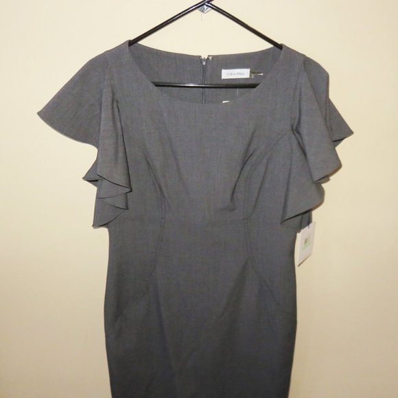 Calvin Klein Sheath Dress, Gray with Ruffled Sleeves, Sz 8 NWT - Picture 5 of 10